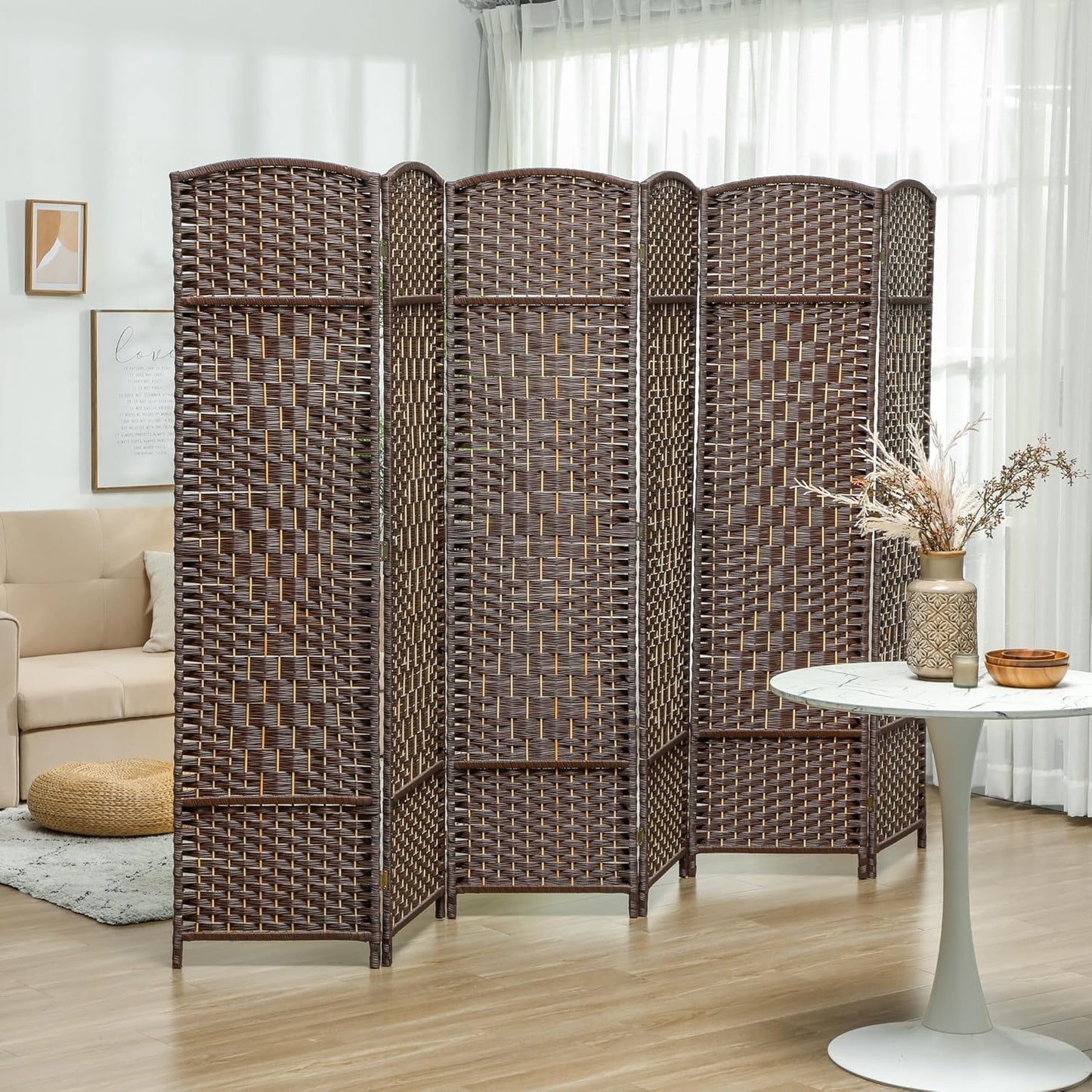 HOMCOM 6 Panel Room Divider, 6' Tall Folding Privacy Screen, Hand-Woven Freestanding Wall Partition for Home Office, Bedroom, Brown