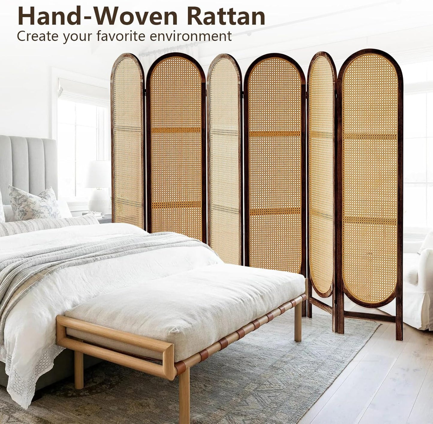 6 Panels Room Dividers and Hand-Woven Rattan Room Divider Wall, Wood Room Divider Folding Privacy Screens for Home Office Bedroom, Brown