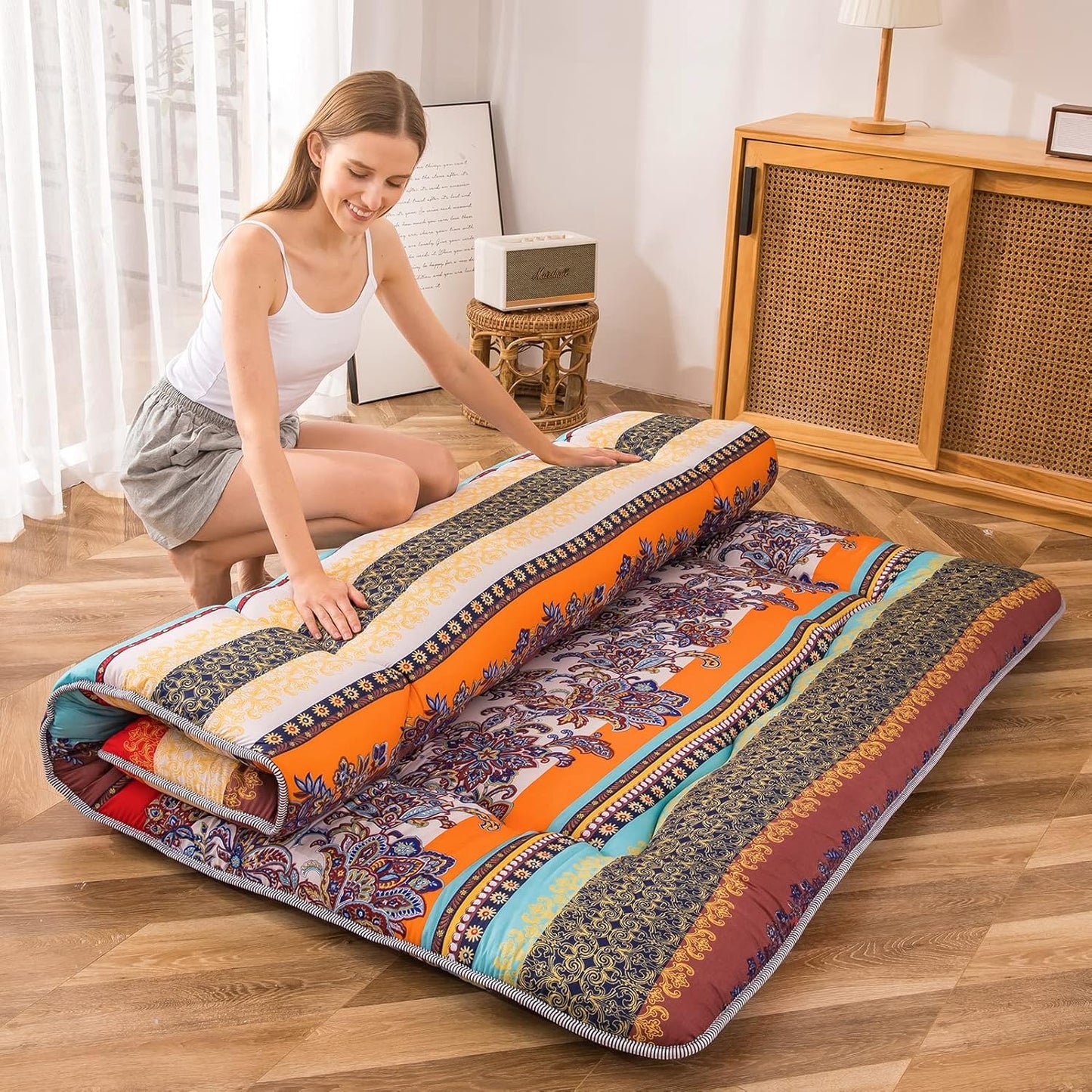 Bohemian Retro Floor Mattress Vintage Floral Japanese Futon Mattress Roll Up Thicken Sleeping Bed Portable Camping Mattress Floor Lounger Couch Bed Pad, Twin Size