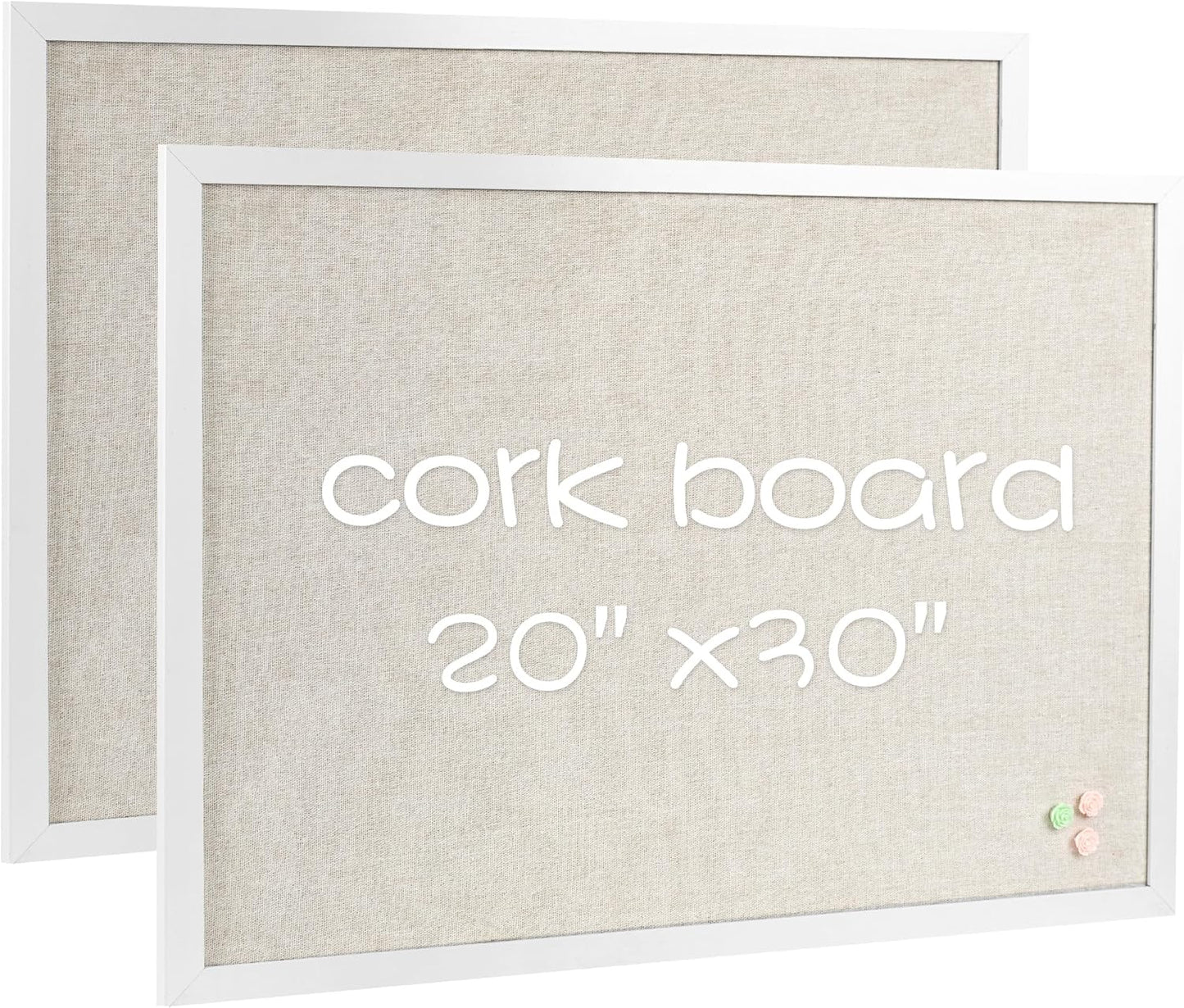 Board2by 2-Pack Farmhouse Linen Cork Bulletin Board, White Frame 30" x 20" Corkboard, Office Board for Wall Decor, Wall Mounted Pin Board Picture Board with 40 Pushpins for School, Home & Office