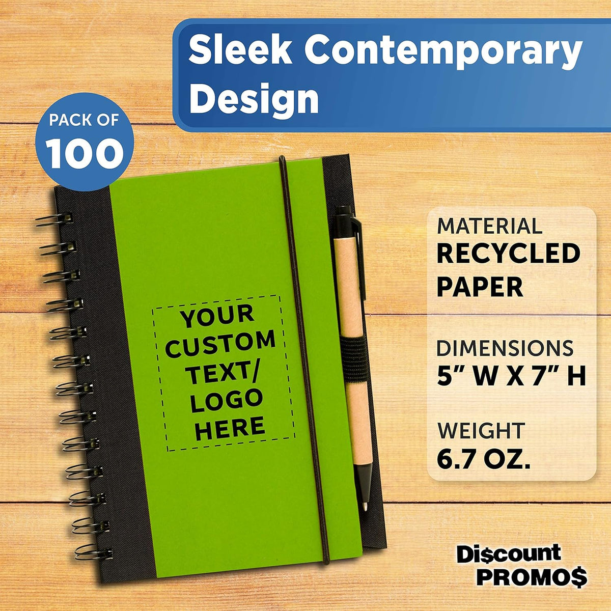 DISCOUNT PROMOS Custom Eco Block Notebooks with Pens Set of 100, Personalized Bulk Pack - Perfect for School, Office, Business, Home - Lime Green