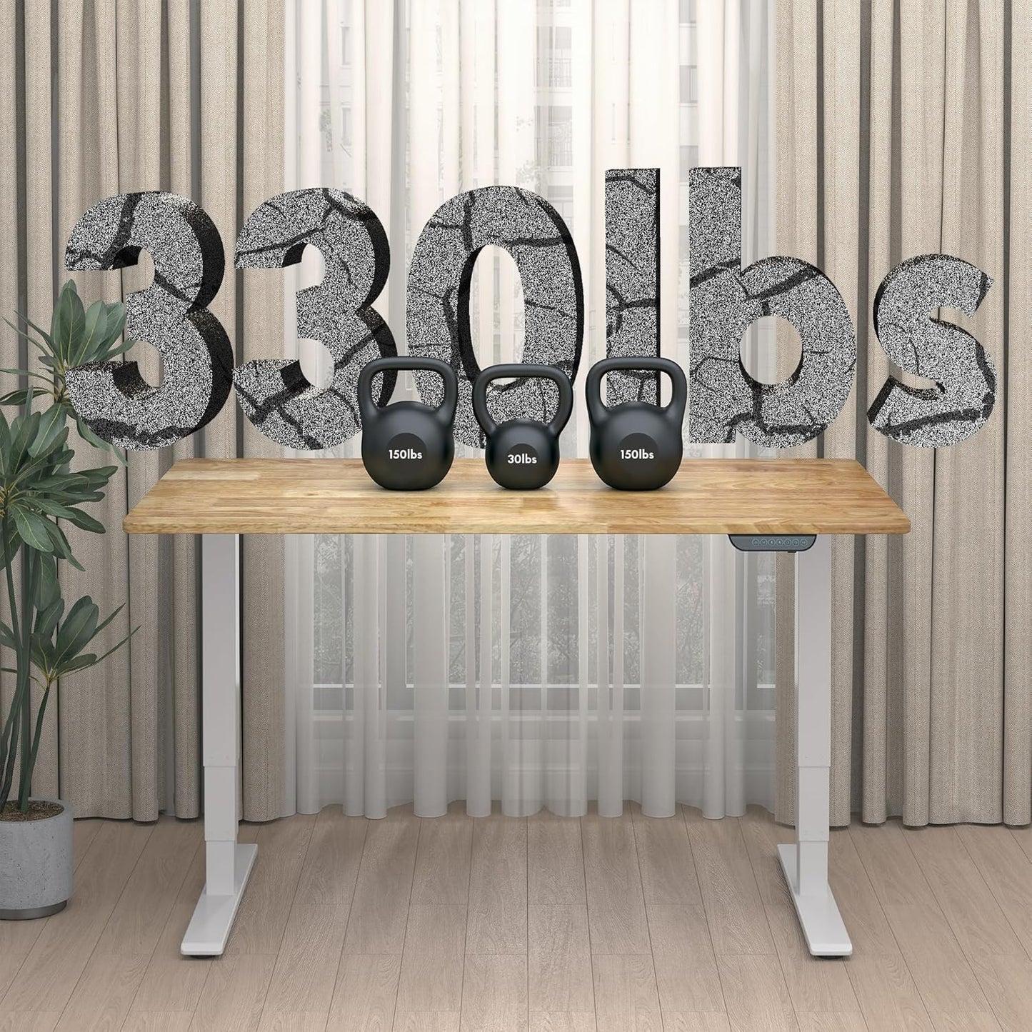 FLEXISPOT E6 MAX Rubber Wood Dual Motor 3 Stages Standing Desk 63x24 Inch Whole-Piece Board Electric Height Adjustable Stand Up Desk 150KG Load Capacity(White Frame + Rubber Wood Desktop)