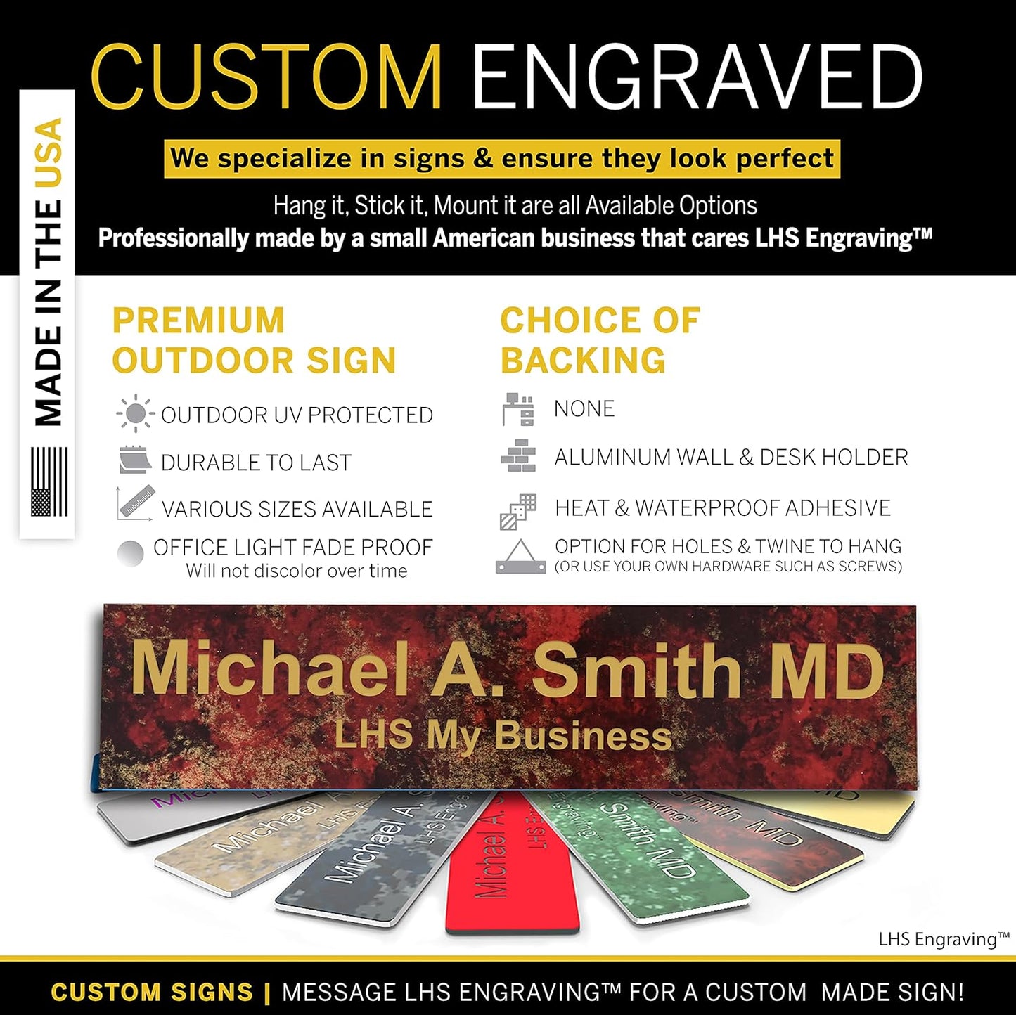 Engraved Name Plates for Door Sign Personalized Rustico Granite Pattern Plastic Plaque with Gold Letters - Made in USA 2x8 S7