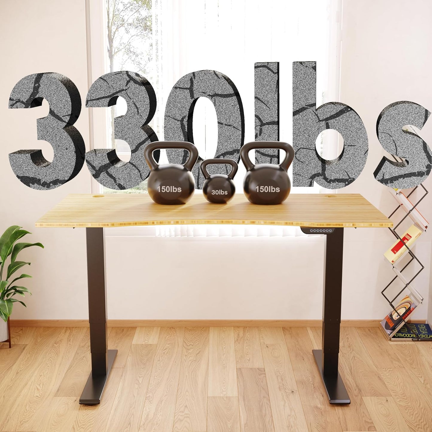 FLEXISPOT E6 MAX Bamboo Dual Motor 3 Stages Standing Desk 55x28 Inch Whole-Piece Board Electric Height Adjustable Stand Up Desk 150KG Load Capacity(Black Frame + Bamboo Curved Desktop)