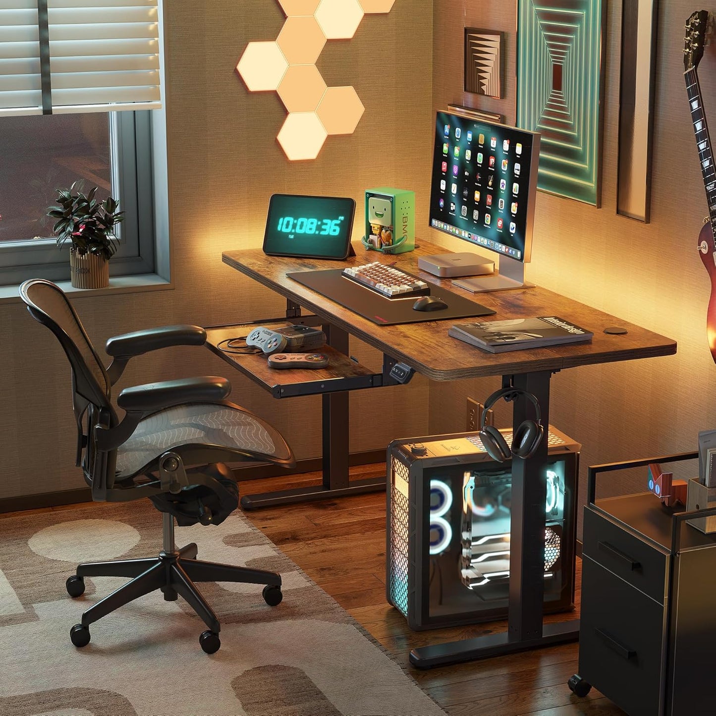 FEZIBO Standing Desk with Keyboard Tray, 48 × 24 Inches Electric Height Adjustable, Sit Stand Up Desk, Computer Office Desk, Rustic Brown
