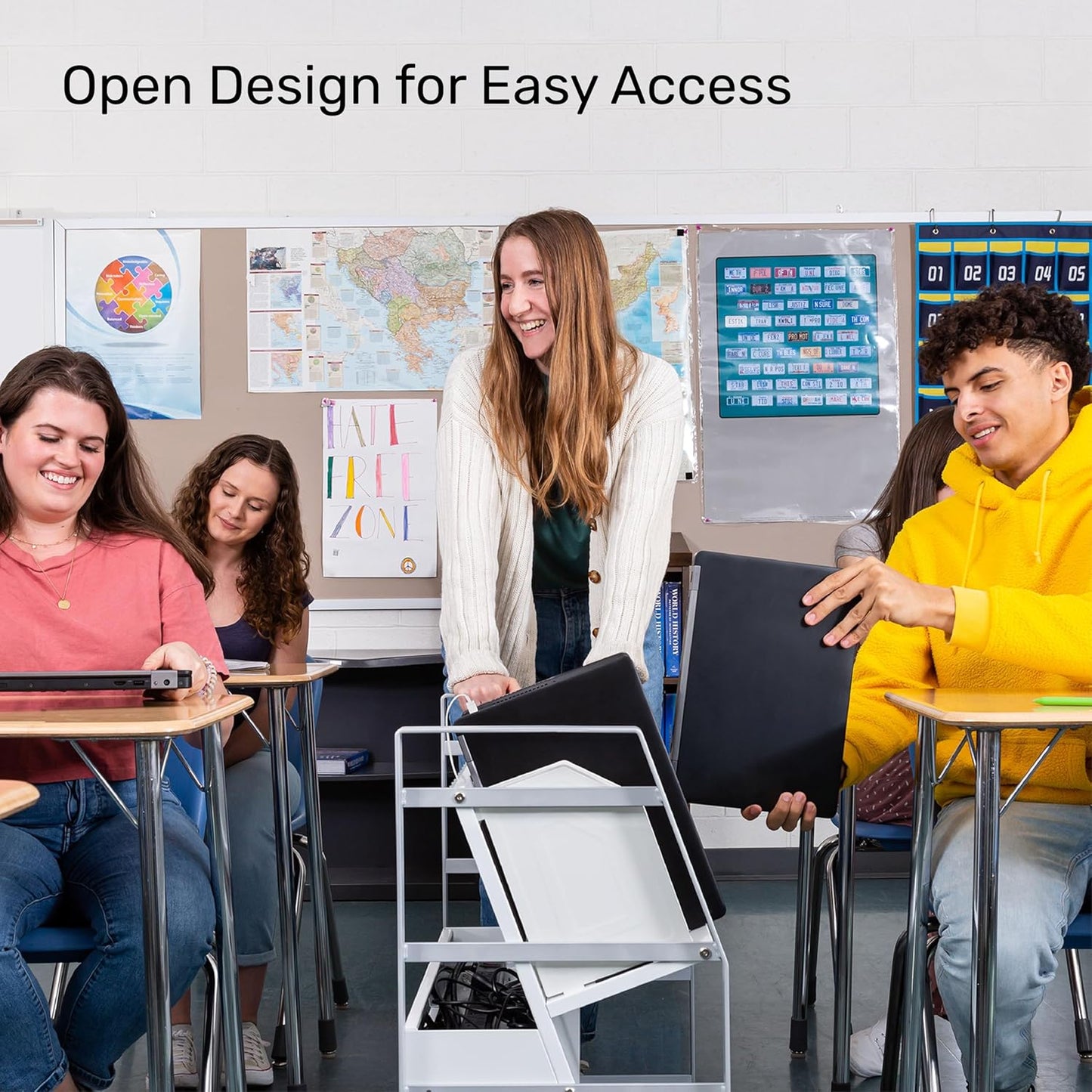 Line Leader 16-Device Mobile Charging Station | Steel Rolling Cart for Laptops, Tablets, & Chromebooks | Open Design with Dividers & UL-Certified Surge Protection | Portable Charging Stand (White)