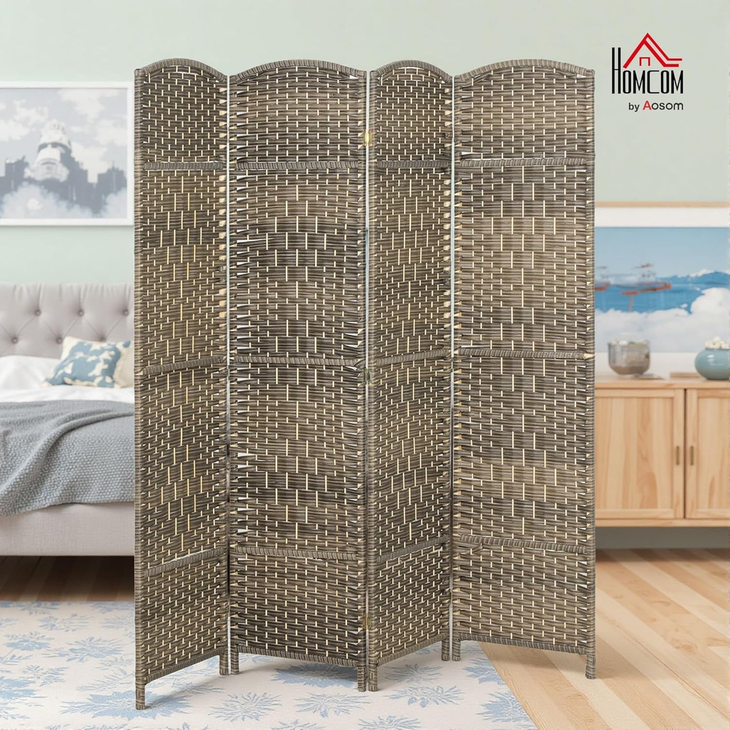 HOMCOM 4 Panel Room Divider, 6' Tall Folding Privacy Screen, Hand-Woven Freestanding Wall Partition for Home Office, Bedroom, Dark Rustic Oak