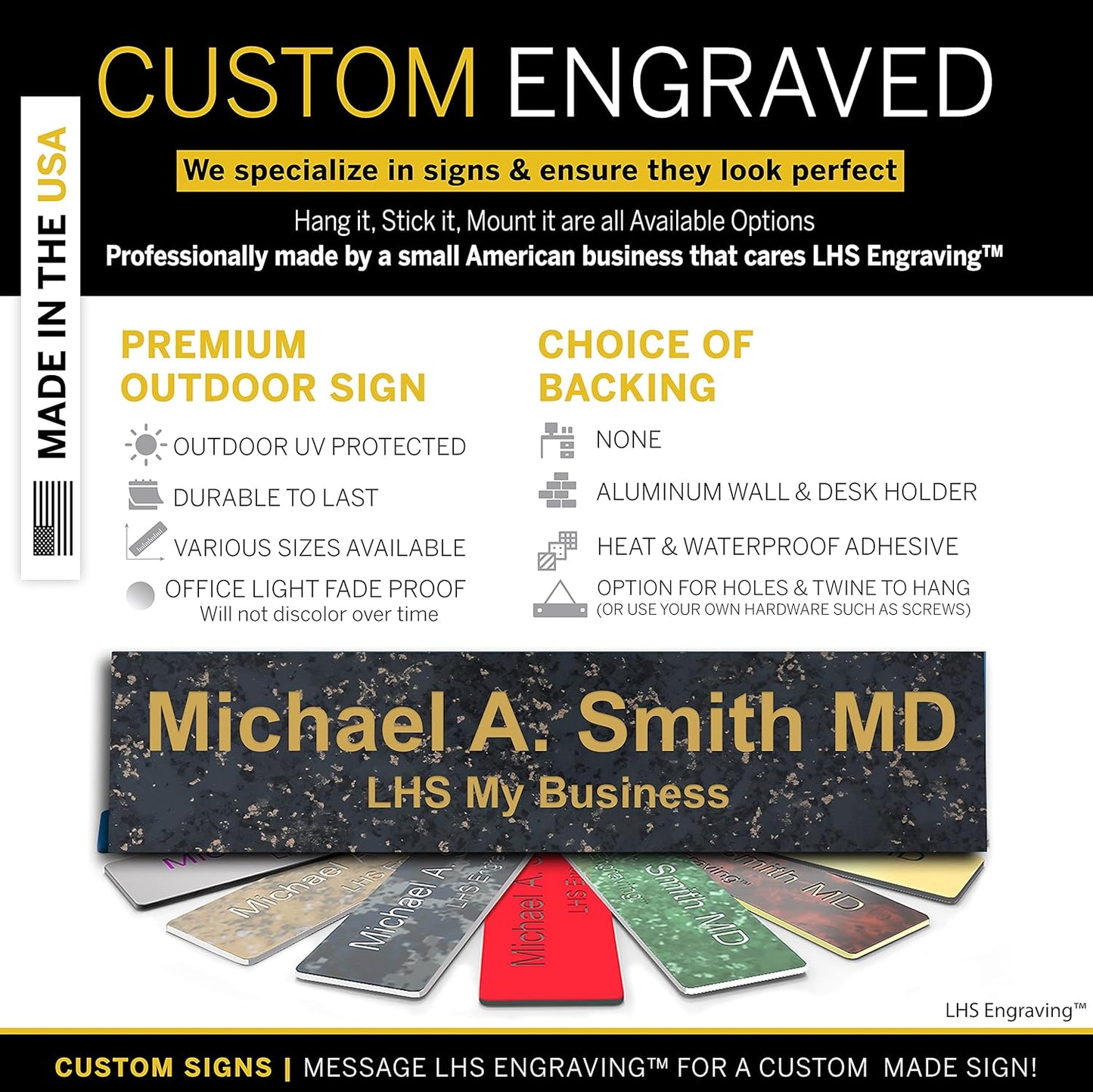 Engraved Custom Door Plate Charcoal Marble Pattern Plastic Office Door Sign with Gold Letters - Made in USA 2x4 S6
