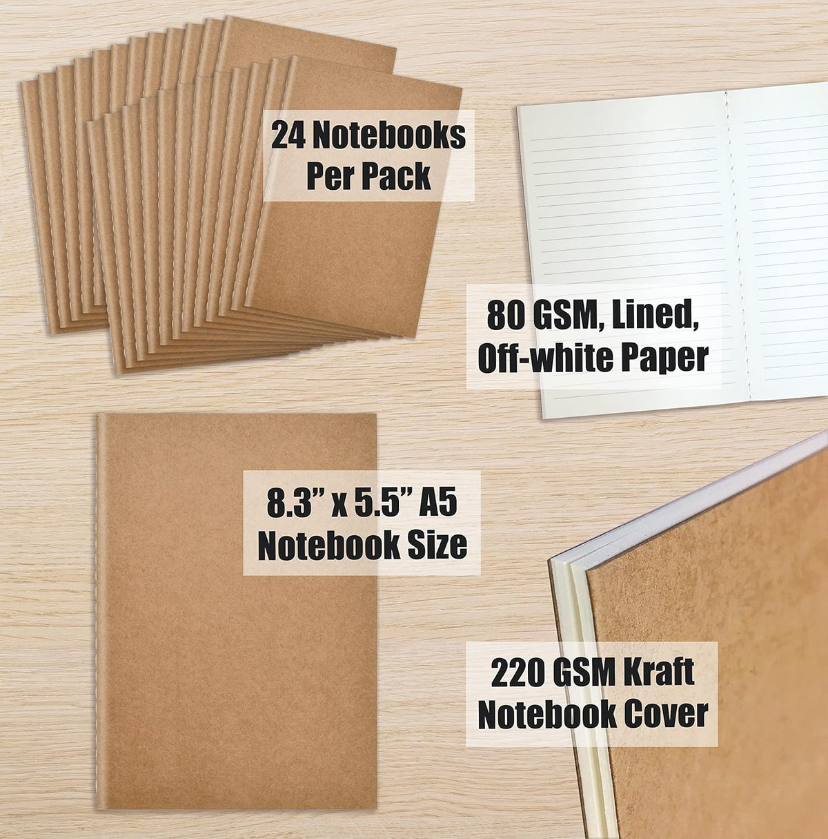 Better Office Products Kraft Notebooks with Lined Paper, 24 Pack, 8.3 in x 5.5 in, A5 Size, 60 Lined Ivory Pages, 80 gsm, Soft Cover Composition Notebooks, Stitched Spines, Kraft Travel Journals