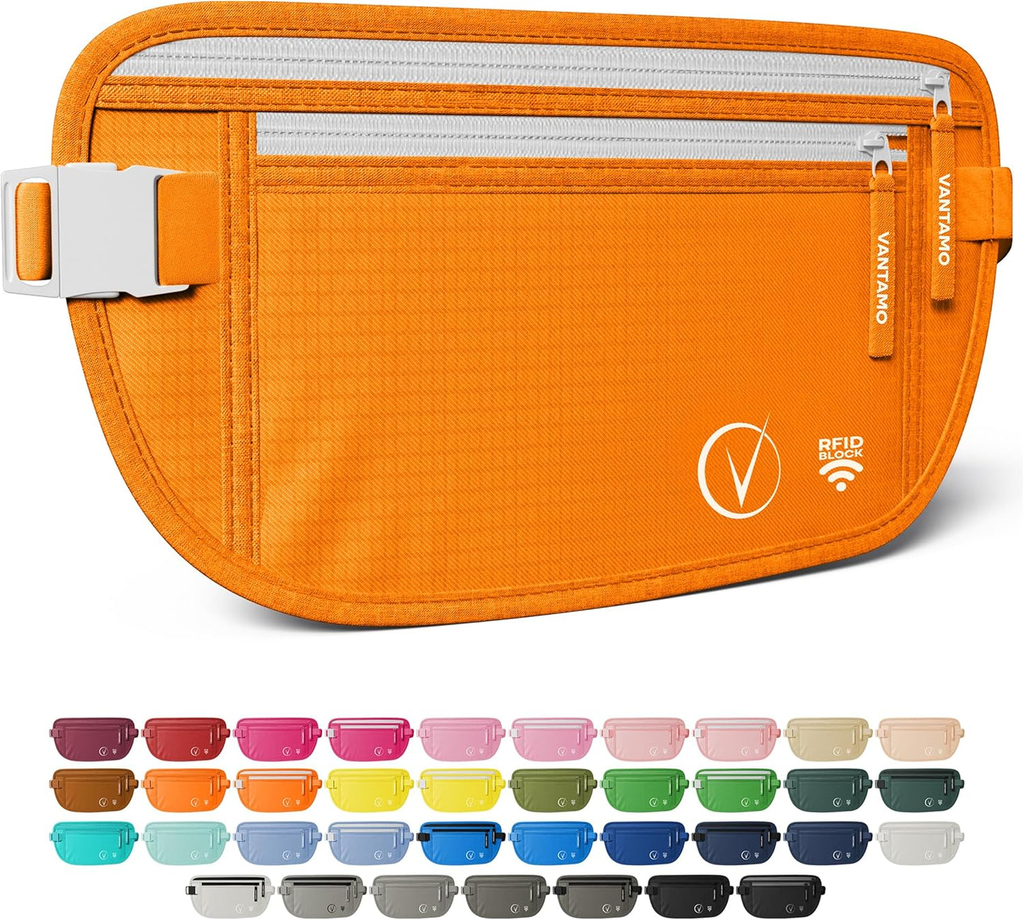 Vantamo Hidden Money Belt For Extra Safety, RFID Ultra-Thin Fanny Pack, 2 Compartment Money Bag Fits Passport & Phone