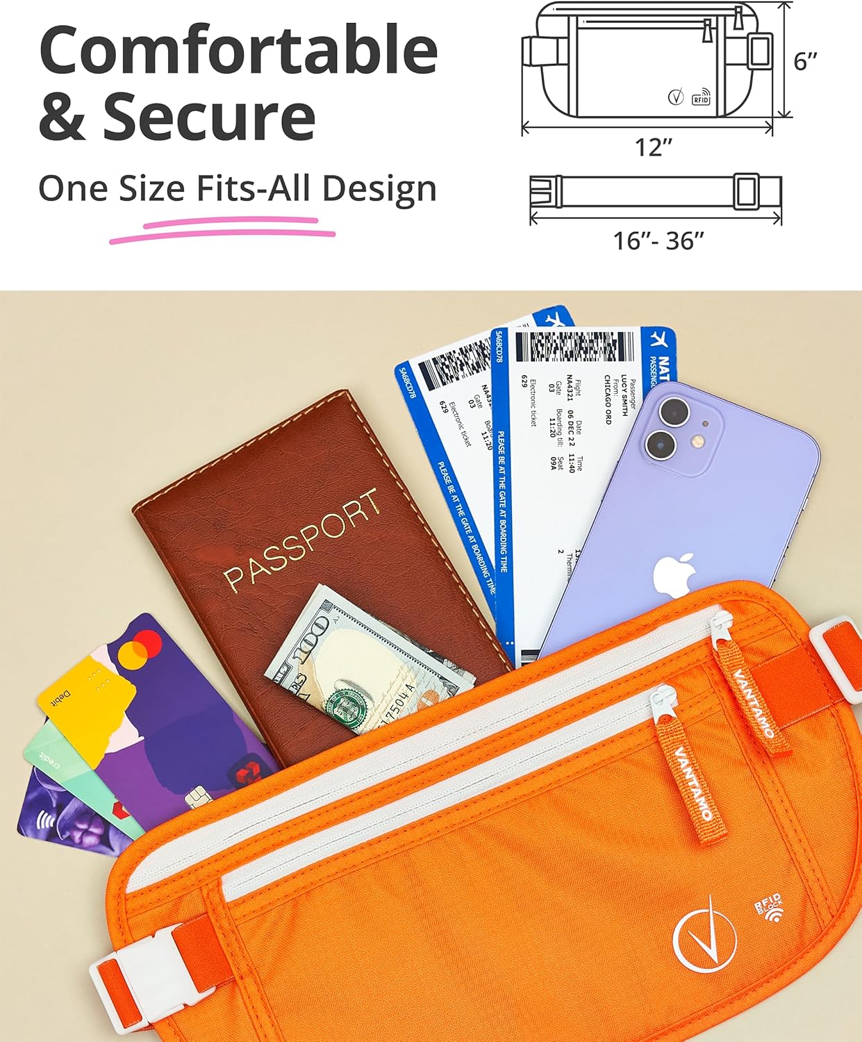 Vantamo Hidden Money Belt For Extra Safety, RFID Ultra-Thin Fanny Pack, 2 Compartment Money Bag Fits Passport & Phone