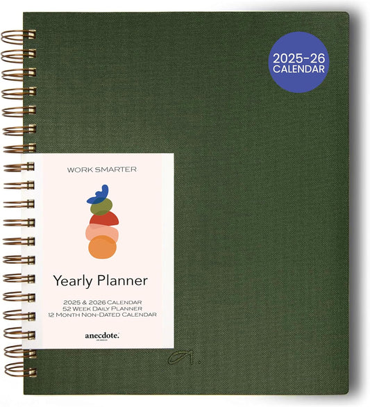 Anecdote 2026 Planner (8.5" x 10") Daily Planner Weekly Monthly Planner - 52 Weeks w/Library Buckram Cover, Brass Spiral - A4 Size Bleed-Resistant Paper – Evergreen