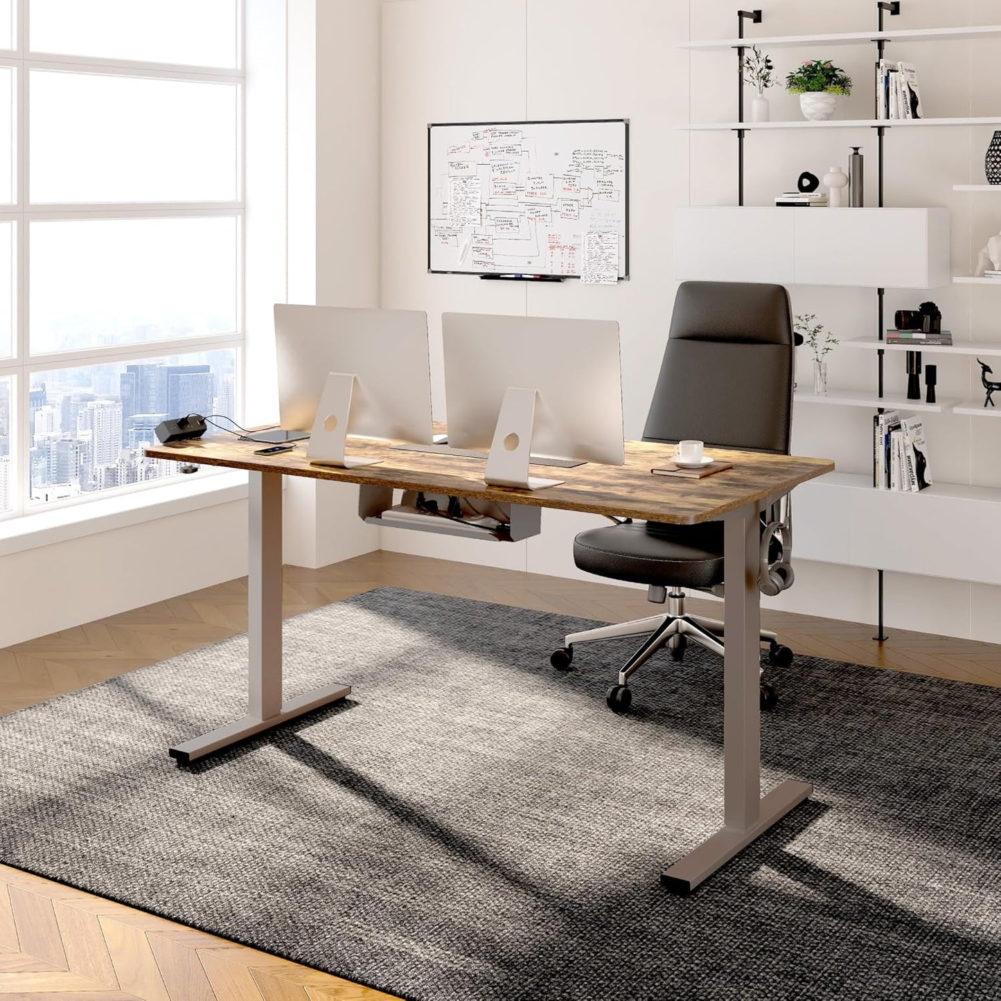 FLEXISPOT EN2 Whole-Piece Standing Desk with Clamp Power Strip, 48 x 30 Electric Stand Up Height Adjustable Desk with Cable Management (Gray Frame + 48" Rustic Brown Desktop, 2 Packages)