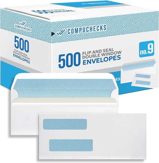 Compuchecks Double Window Envelopes #9- Flip and Seal Flap, Security Business Mailing Envelopes - Tamper Evident, Security Tint - 500 Count