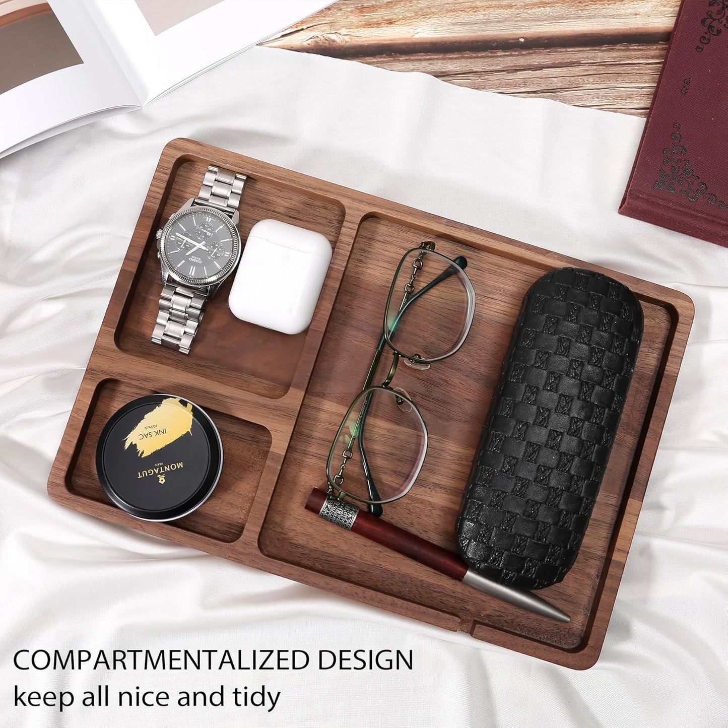 Valet Tray Walnut Wooden - Desk Drawer Organizer Tray, Multi-Functional Desk Organizer, Keys Watch Wallet Jewelry Catchall Dresser Accessories Bedside Organizer for Office Home Gift