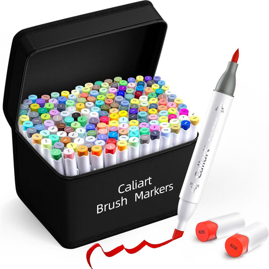 Caliart Markers Brush & Chisel, 168 Colors Alcohol Markers for Adult Coloring Book, Dual Tip Art Pen Set for Artist Illustration Sketch Drawing Gift