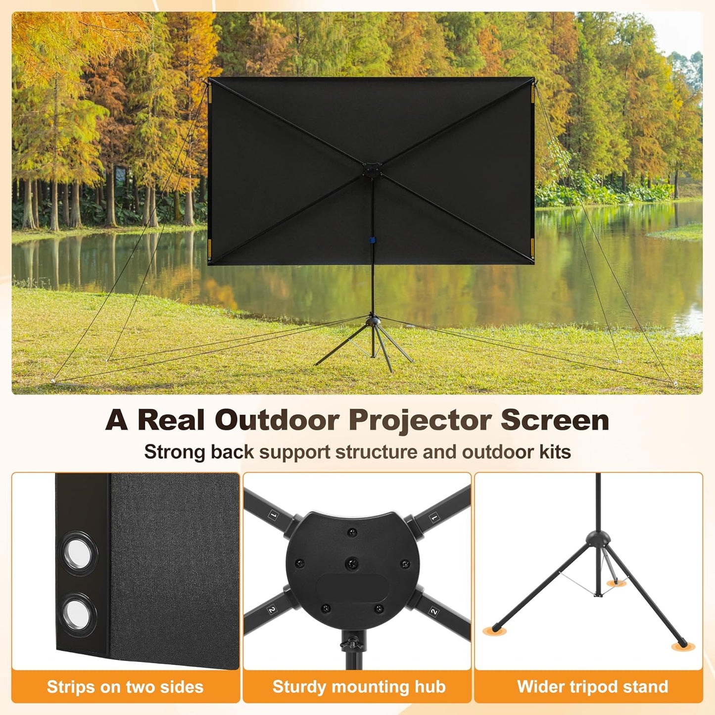 Outdoor Projector Screen 60 Inch, 16:9, High Gain, Projector Screen with Stand, Wind-resistant Design for Portable Projection Screen Outdoor, With Ropes and Spikes, 4K Image for Home Theater, Camping.