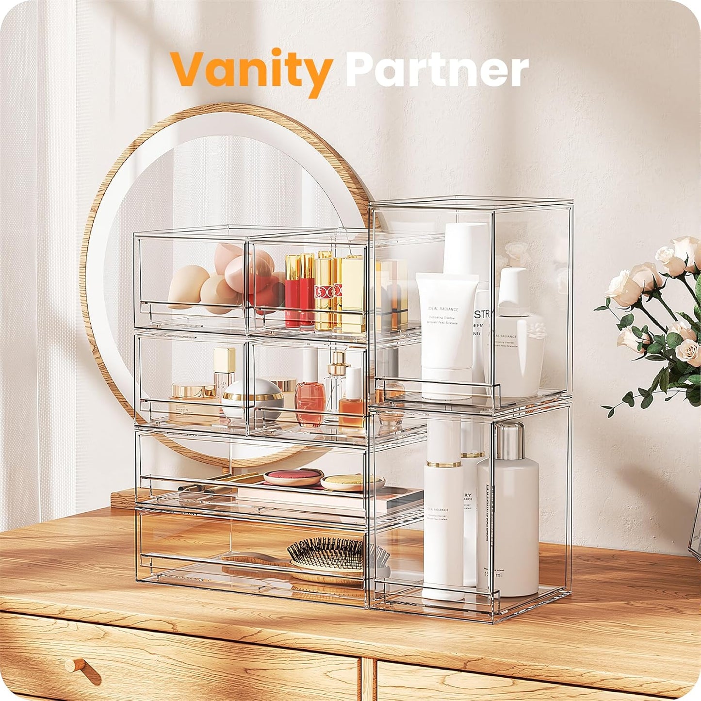A-LuGei 【𝟮𝗣𝗖𝗦】 Acrylic Stackable Storage Drawers, 11.8" W Makeup Organizer, Bathroom Organizer and Storage, Plastic Storage Bins for Kitchen Cabinet Pantry Medicine Fridge