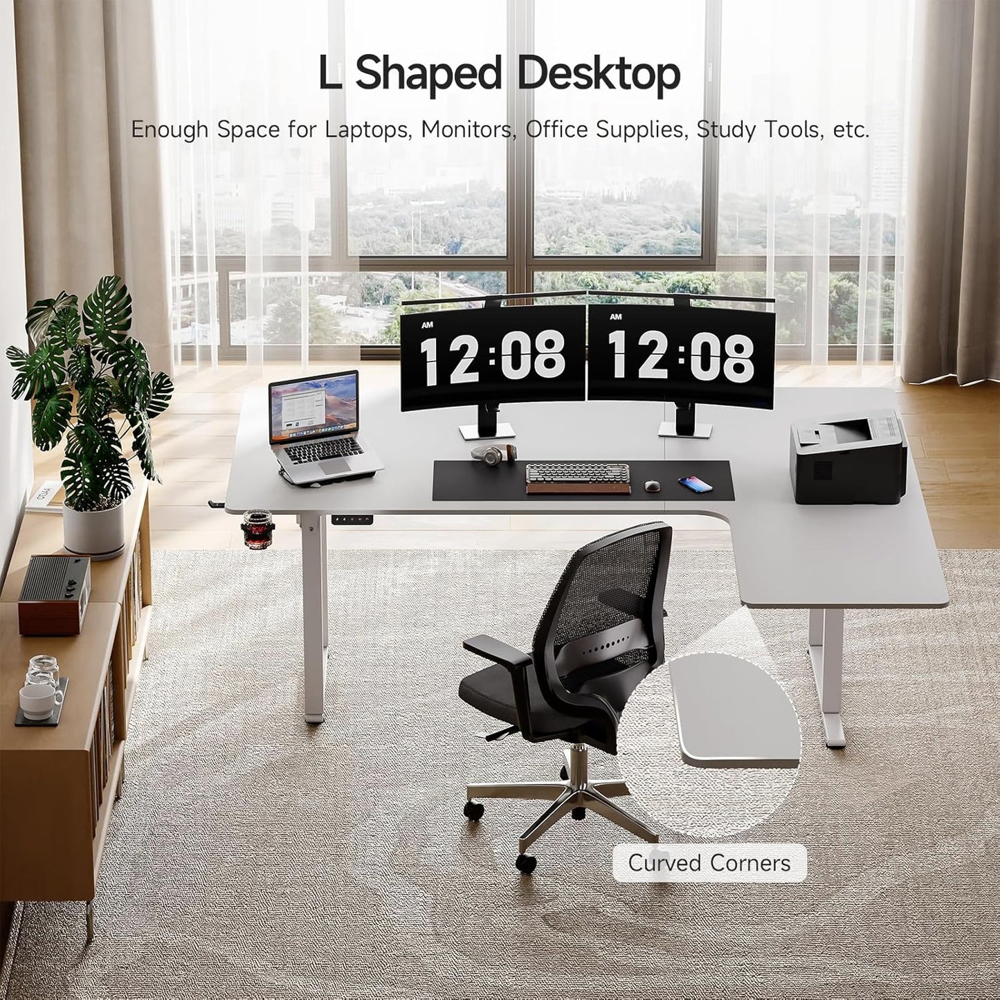 L Shaped Standing Desk, 63x43 Inches Electric L Stand Up Desk with 4 Legs, Dual Motor and Memory Controller, Adjustable Height from 28-46 Inches for Home and Computer Workstation, White