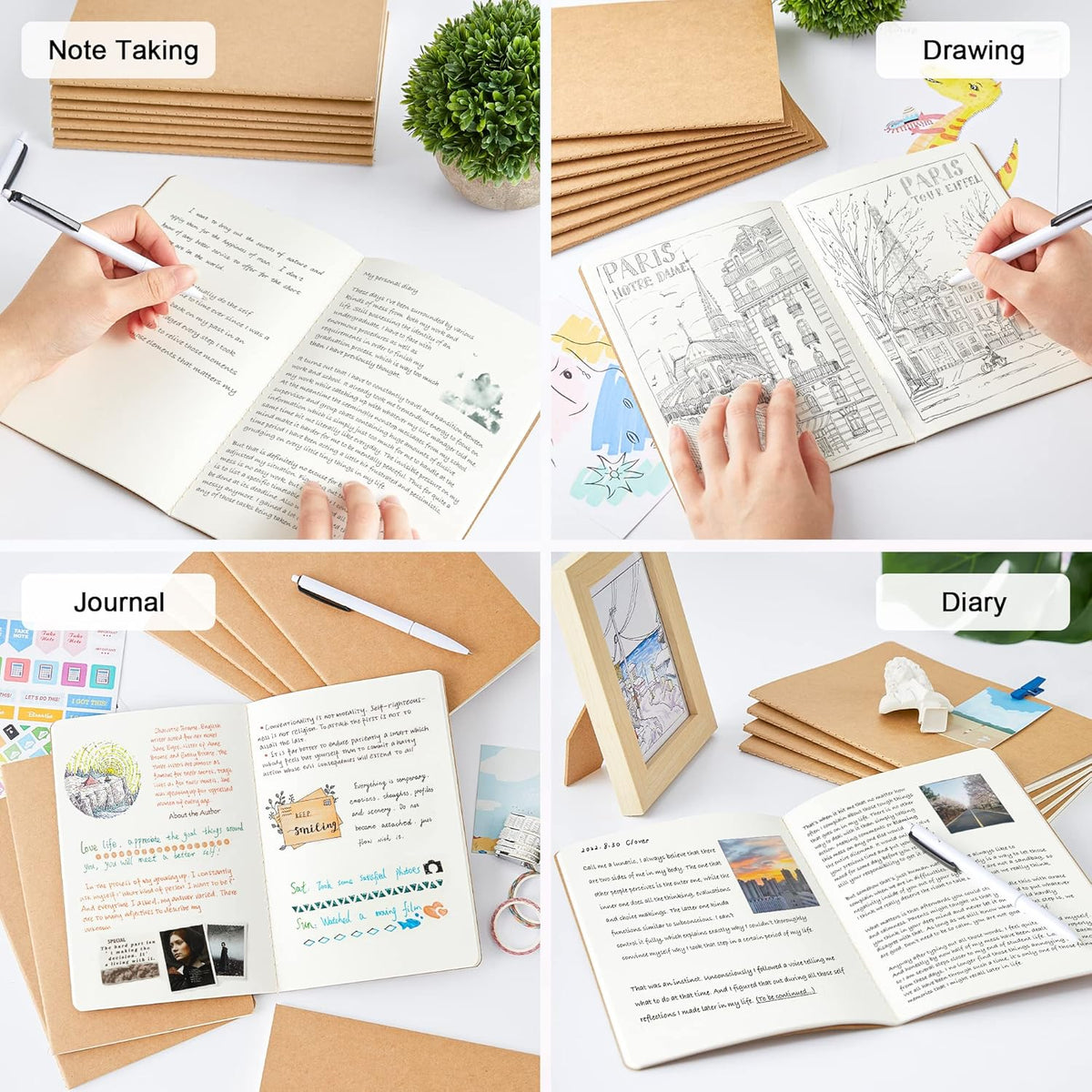 feela 15 Pack Blank Kraft Notebooks, Unlined Sketchbook Note Pad Travel Journal for Drawing Doodling Writing, Journal Bulk For Women Kids Students Office School Supplies, A5, 60 Pages, 8.3” X 5.5”
