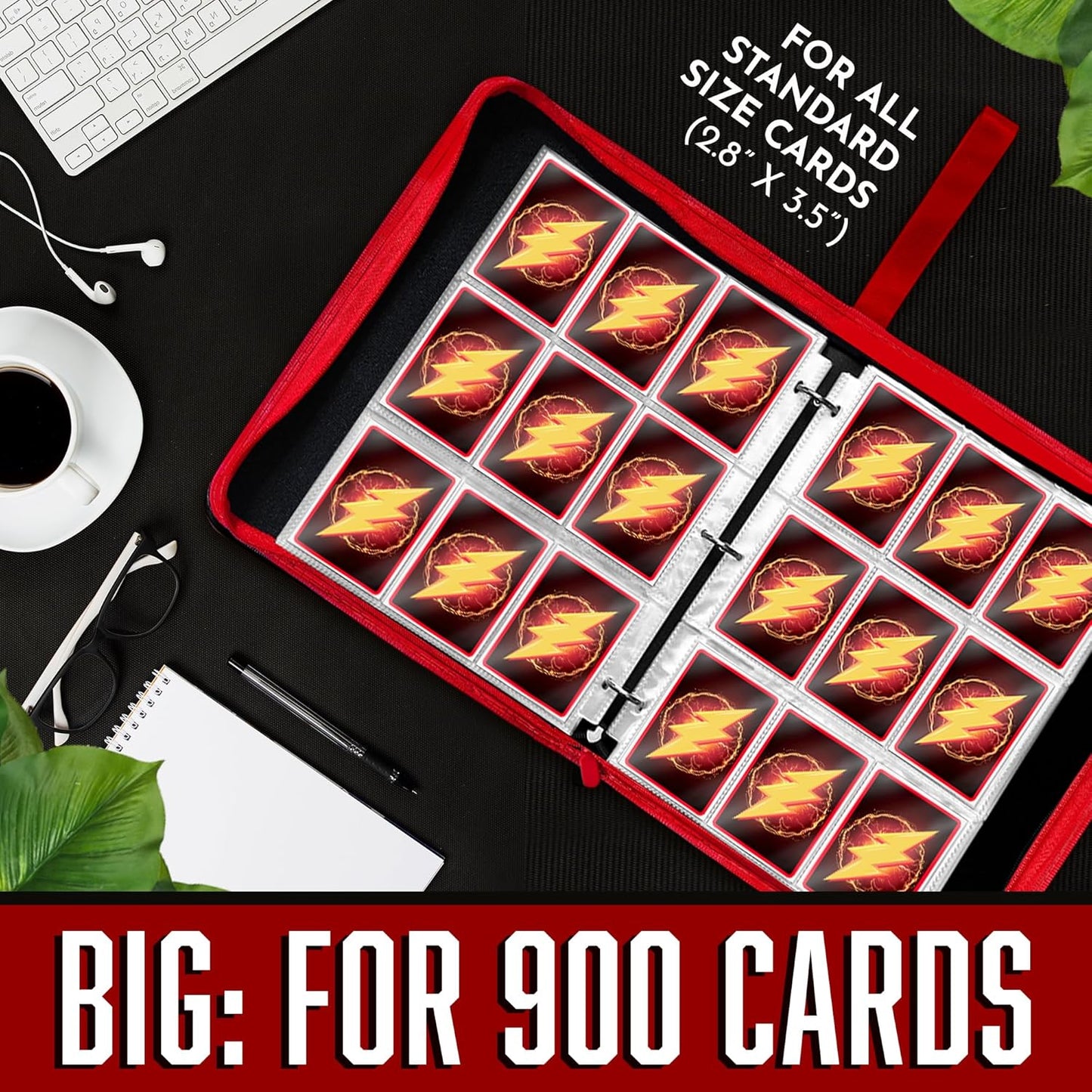 Trading Card Binder with Zipper and Handle – 9-Pocket Double-Sided Card Holder for 900 Cards – PU Leather Cover, 3-Ring Design, Includes 50 Sheets – Fits Standard Size Cards