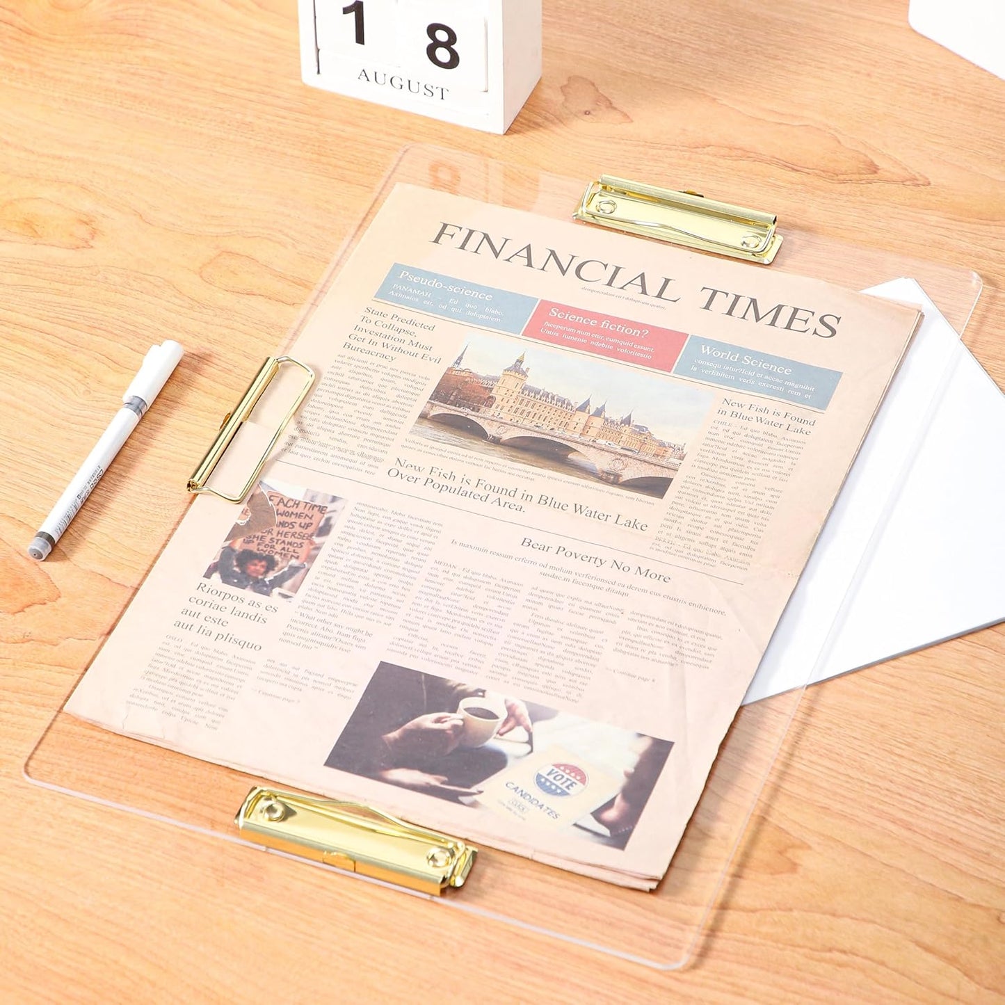 JIARI 1 Pack Clear Acrylic Horizontal with 3 Clip Clipboard Large Size 11" x 17" (3 Clip-Gold 1 Pack)