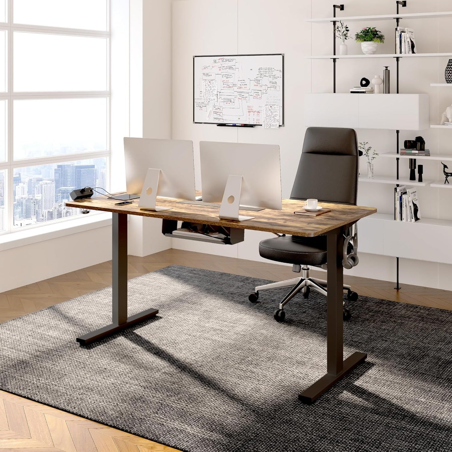 FLEXISPOT EN2 Whole-Piece Standing Desk with Clamp Power Strip, 48 x 24'' Electric Stand Up Height Adjustable Desk with Cable Management (Black Frame + 48" Rustic Brown Desktop, 2 Packages)
