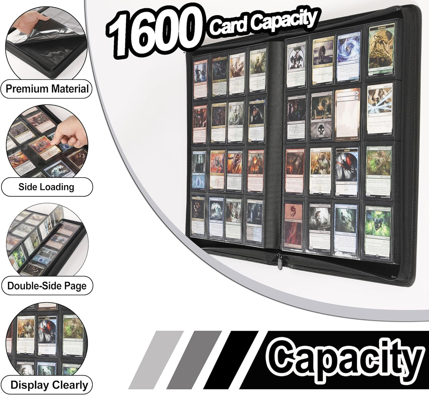 Premium Card Binder 16 Pocket - Fits 1600 Cards，4X4 Ringless Card Album with Sleeves for Trading Cards & Sports Cards（Model C，Classic Black）