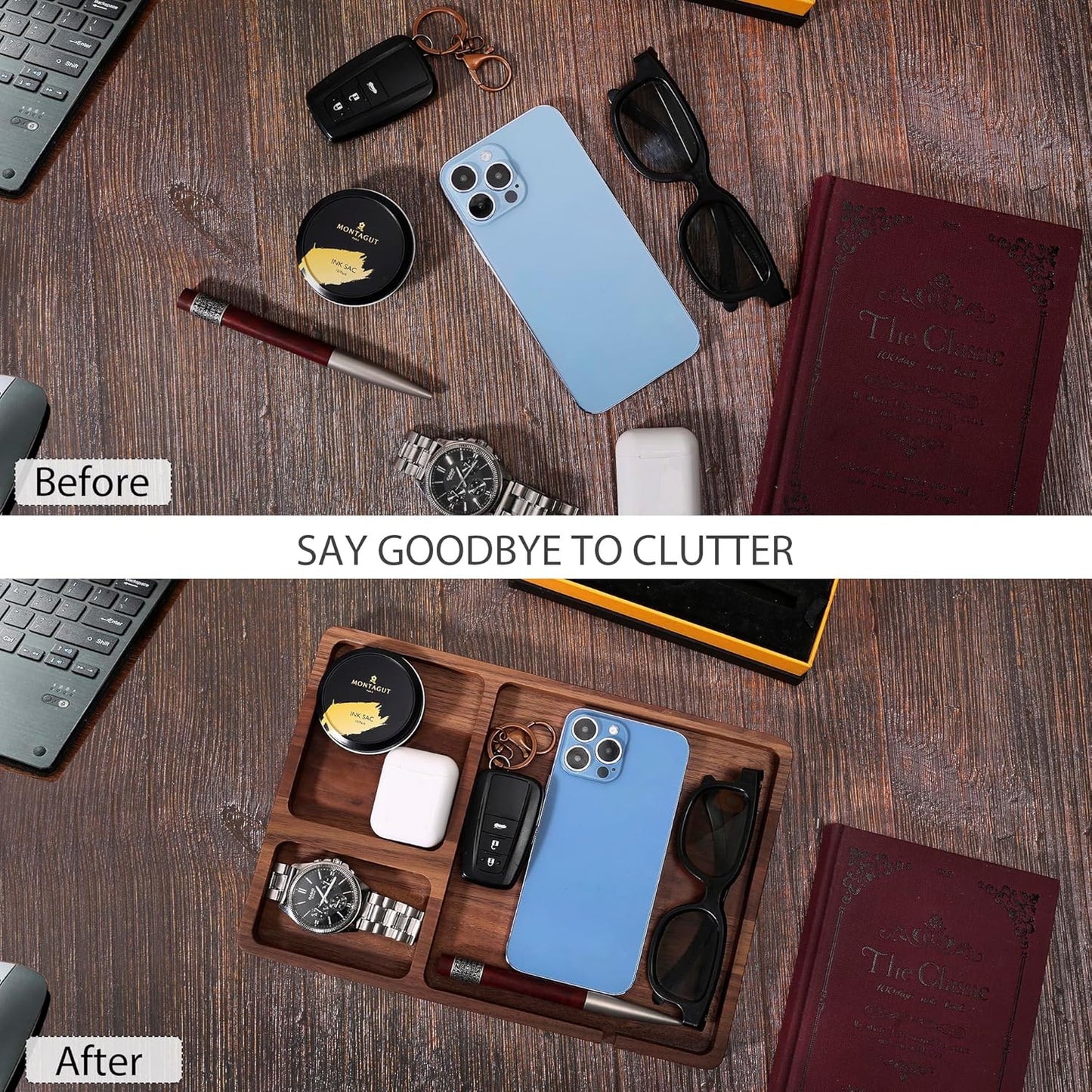Valet Tray Walnut Wooden - Desk Drawer Organizer Tray, Multi-Functional Desk Organizer, Keys Watch Wallet Jewelry Catchall Dresser Accessories Bedside Organizer for Office Home Gift