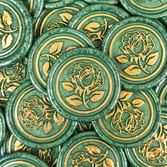 50Pcs Gold & Green Wax Seal Stickers - Handmade Envelope Seals, Self-Adhesive Wax Stickers for Wedding Party Invitations, Envelope, Gift Wrap, Christmas (Gold Rose Style, Green)